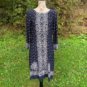 Chaps blue and white bandanna patterned long sleeve knee length dress